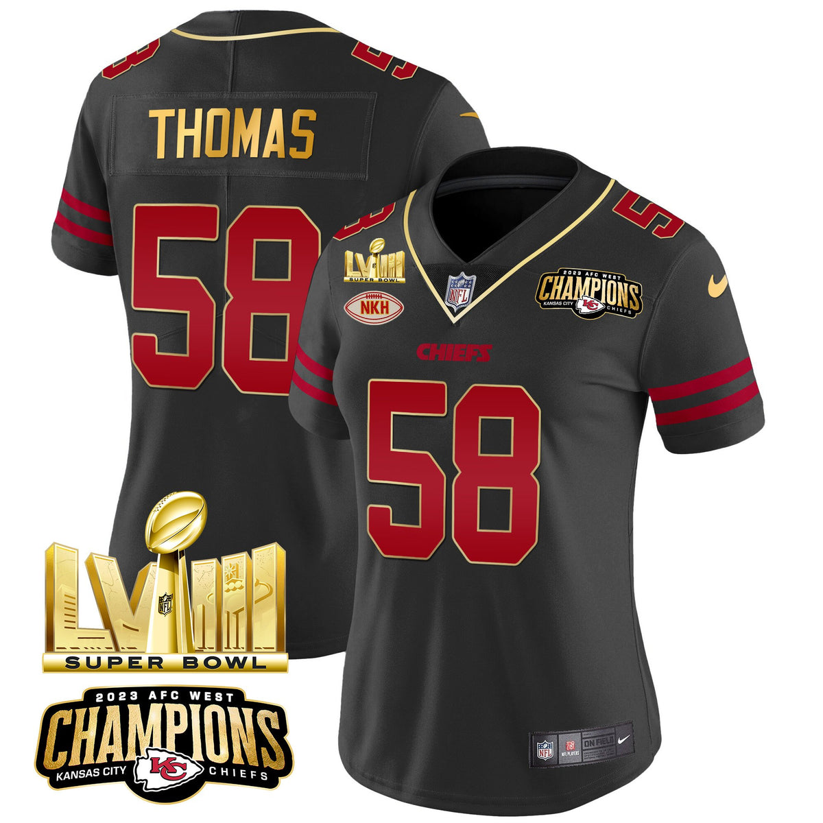 Women's Chiefs AFC West Champions & Super Bowl LVIII Gold Patch Vapor Jersey - All Stitched - Gold Trim - Derrick Thomas — view 1