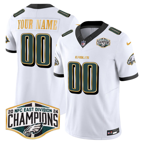Eagles 2024 NFC East Division Champions Gold Trim Vapor Limited Custom Jersey - All Stitched - White — view 1