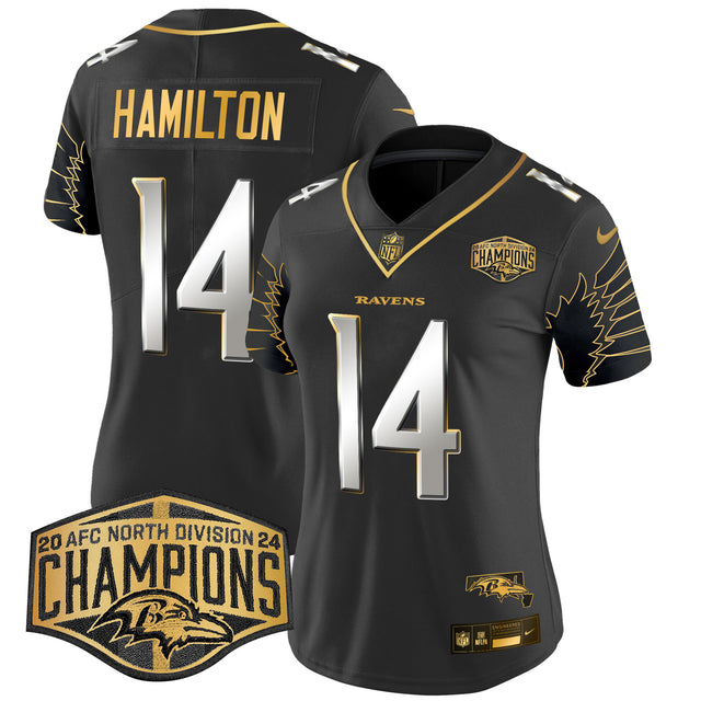 Women's Ravens Maryland 2024 AFC North Division Champions Patch Gold Vapor Limited Jersey - All Stitched - Black Limited - Kyle Hamilton — view 1