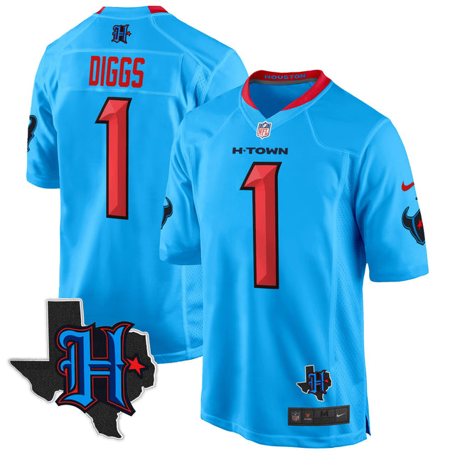 Men's Houston Texans 2024 Texas Patch Game Jersey - All Stitched - Blue - Stefon Diggs — view 1