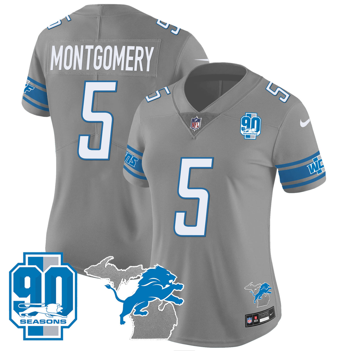 Women's Detroit Lions 90th Year & Michigan Patch Vapor Jersey - All Stitched - Gray - David Montgomery — view 1