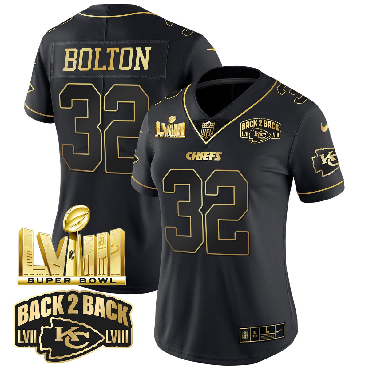 Women's Chiefs Super Bowl LVIII & Back 2 Back Gold Patch Vapor Jersey V2 - All Stitched - Black Gold - Nick Bolton — view 1