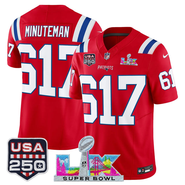 Men's New England Patriots Super Bowl LX & United States 250th Anniversary Patch Vapor Limited Jersey - All Stitched - Red - Minuteman 617 — view 1