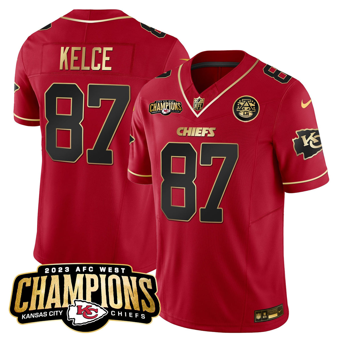 Men's Chiefs 2023 AFC West Champions Patch Vapor Limited Jersey V2 - All Stitched - Red Special - Travis Kelce — view 1