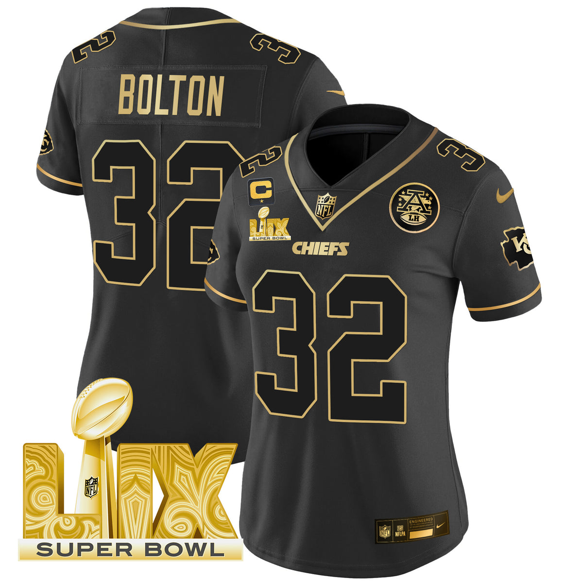 Women's Chiefs Super Bowl LIX Patch Gold Vapor Limited Jersey - All Stitched - Black Gold - Nick Bolton — view 1