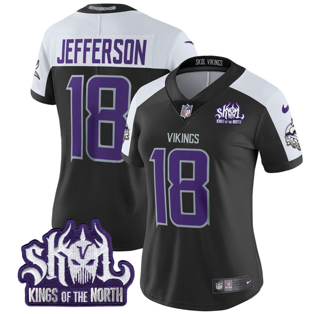 Women's Minnesota Vikings 2024 Winter Warrior Skol Patch Vapor Limited Jersey - All Stitched - Black Alternate - Justin Jefferson — view 1
