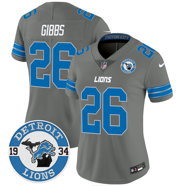 Women's Detroit Lions 2024 Vapor Limited Jersey - Est. 1934 Patch - All Stitched - Gray - Jahmyr Gibbs — view 1