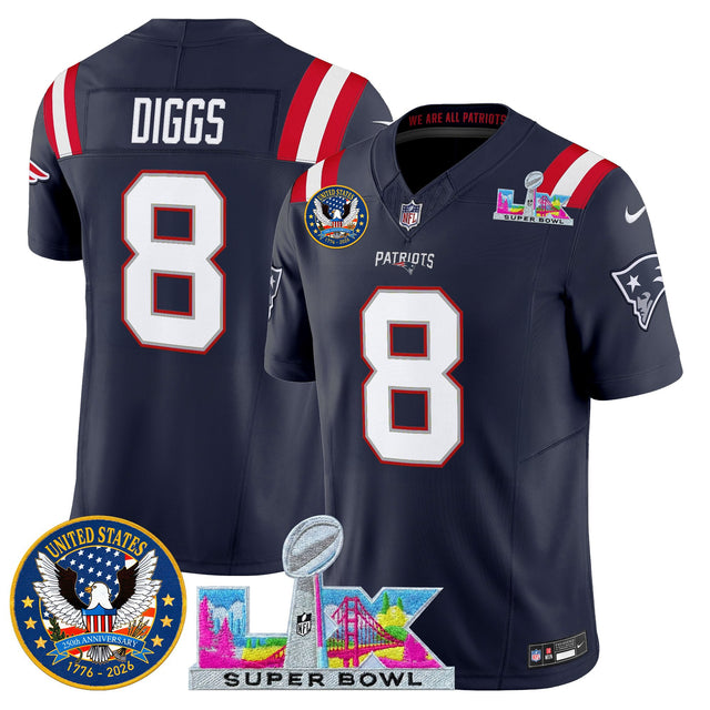 Men's New England Patriots Super Bowl LX & United States 250th Patch Vapor Limited Jersey - All Stitched - Navy - Stefon Diggs — view 1