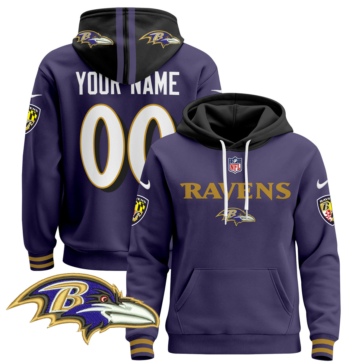 Baltimore Ravens 2024 Custom Pullover Hoodie V3 - All Stitched - Purple — view 1