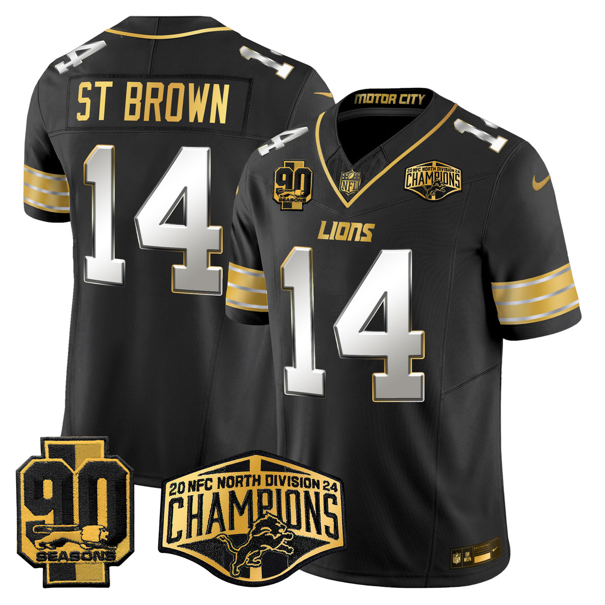 Men's Detroit Lions 2024 NFC North Division Champions Patch Gold Vapor Limited Jersey - All Stitched - Black Limited - St. Brown — view 1