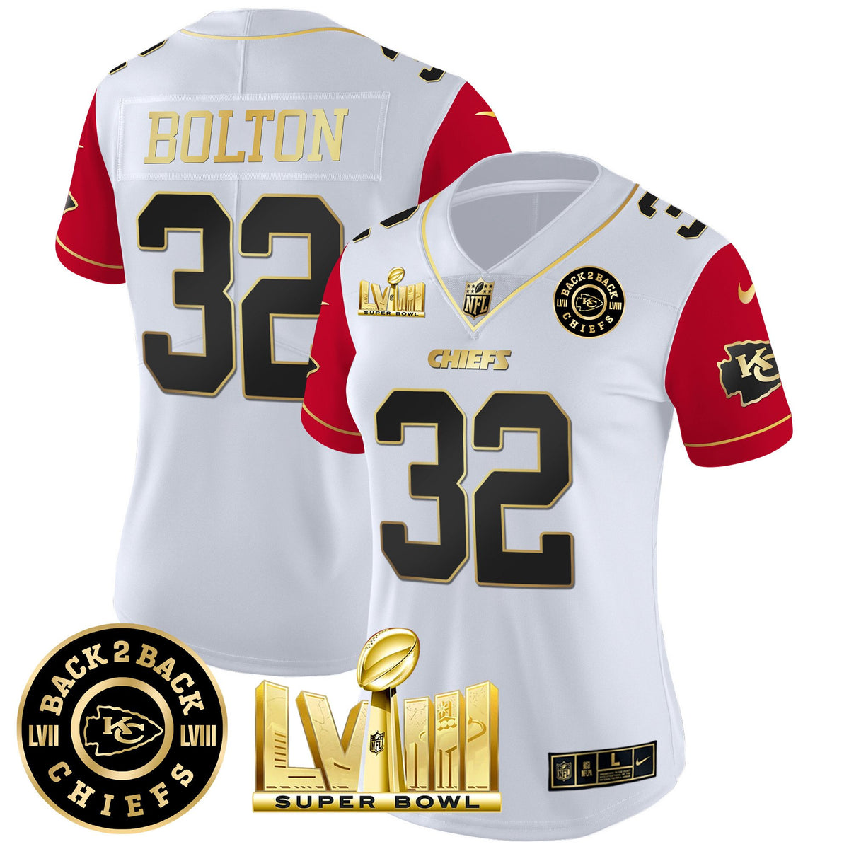Women's Chiefs Super Bowl LVIII & Back 2 Back Patch Vapor Jersey V4 - All Stitched - Color Sleeves - Nick Bolton — view 1