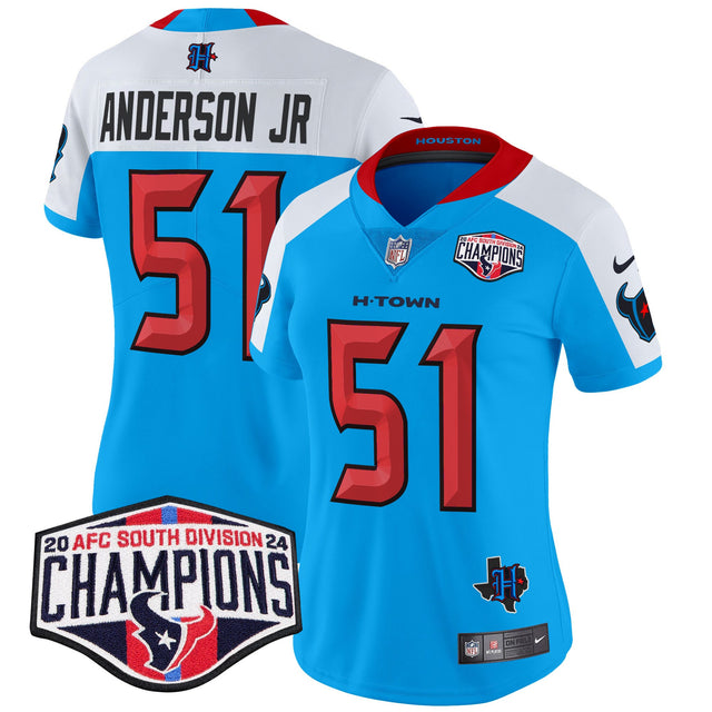 Women's Houston Texans 2024 AFC South Division Champions Patch Vapor Limited Jersey - All Stitched - Blue Alternate - Will Anderson Jr — view 1