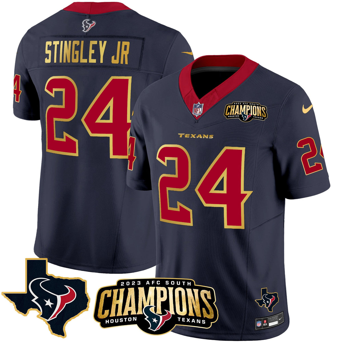 Men's Houston Texans 2023 AFC South Champions Patch Gold Trim Vapor Jersey - All Stitched - Navy - Derek Stingley Jr — view 1