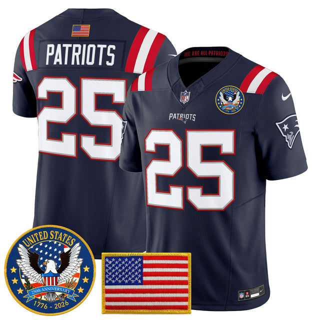 Men's New England Patriots United States 250th Anniversary Patch Vapor Limited Jersey - All Stitched - Navy - #25 Patriots — view 1