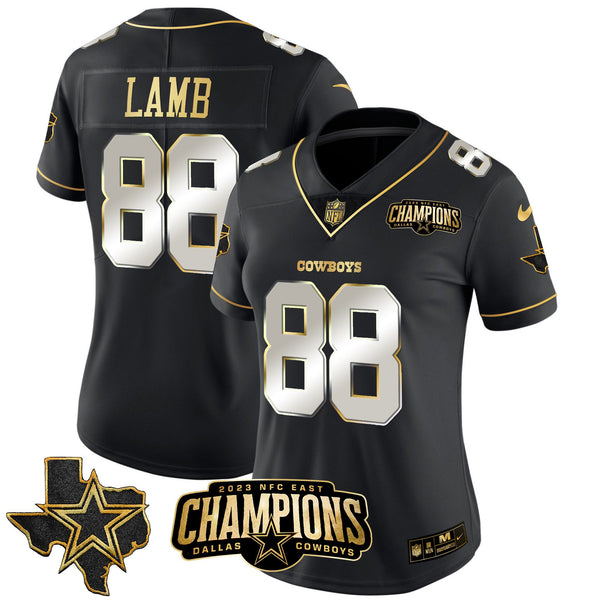 Women's Cowboys 2023 NFC East Champions Patch Gold Vapor Jersey - All Stitched - Black Limited - CeeDee Lamb — view 1