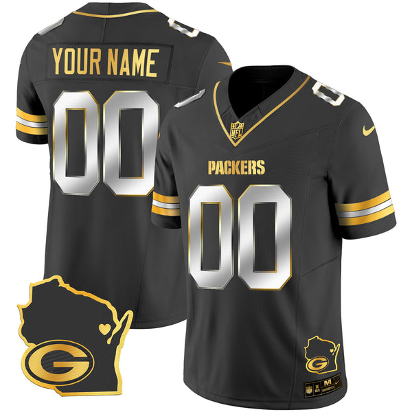 Packers Home Patch Gold Vapor Custom Jersey V2 - All Stitched - Black Limited — view 1