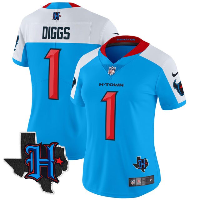 Women's Houston Texans 2024 Texas Patch Vapor Limited Jersey V2 - All Stitched - Blue Alternate - Stefon Diggs — view 1