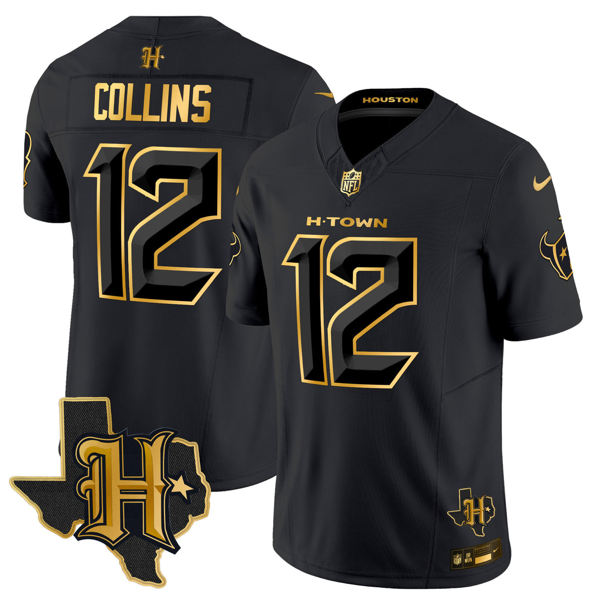 Men's Houston Texans 2024 Texas Patch Gold Vapor Limited Jersey - All Stitched - Black Gold - Nico Collins — view 1