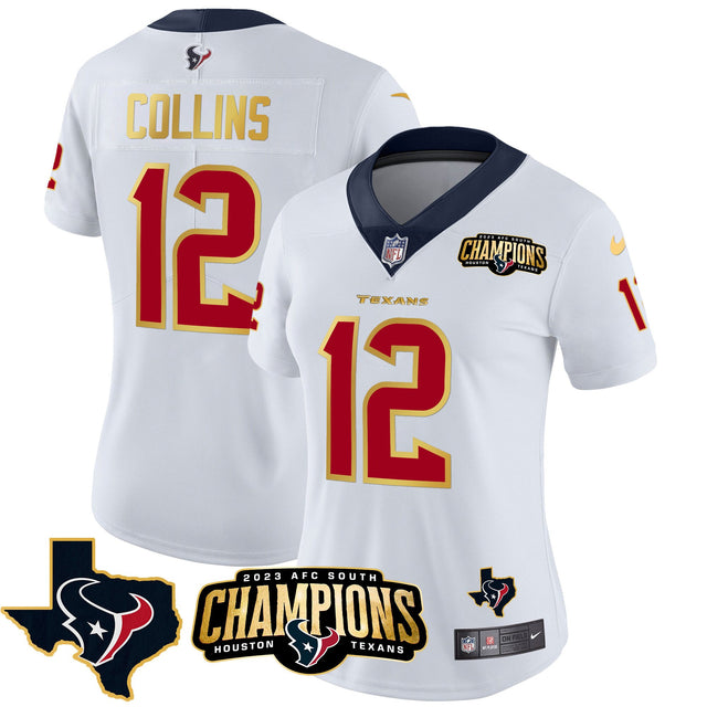 Women's Houston Texans 2023 AFC South Champions Patch Gold Trim Vapor Jersey - All Stitched - White - Nico Collins — view 1