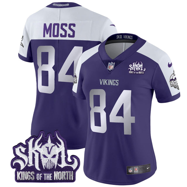 Women's Minnesota Vikings 2024 Winter Warrior Skol Patch Vapor Limited Jersey - All Stitched - Purple Alternate - Randy Moss — view 1