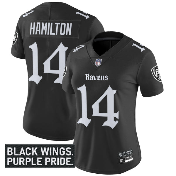 Women's Baltimore Ravens 'Gothic Nevermore Edition' Vapor Limited Jersey - All Stitched - Black - Kyle Hamilton — view 1