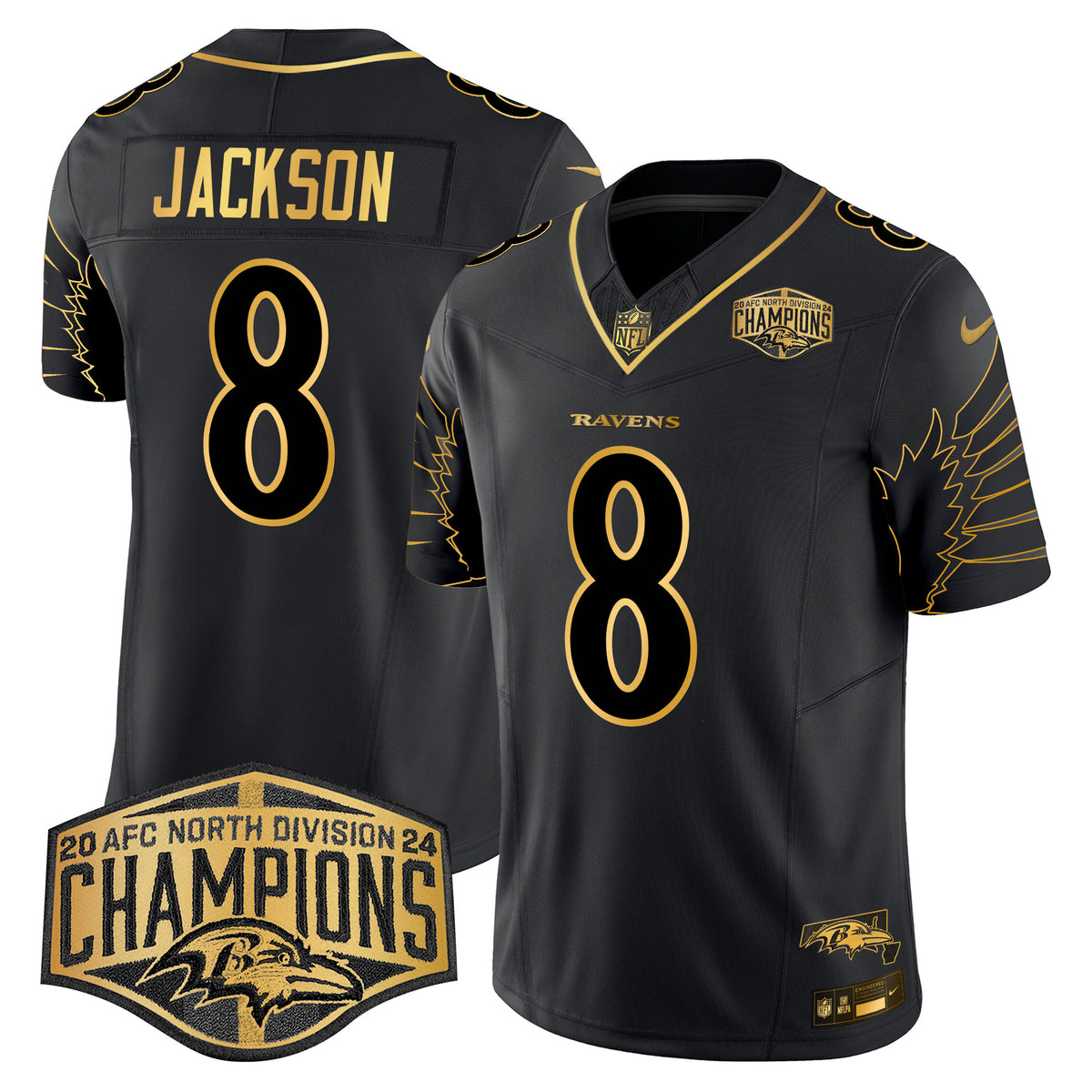 Men's Ravens Maryland 2024 AFC North Division Champions Patch Gold Vapor Limited Jersey - All Stitched - Black Gold - Lamar Jackson — view 1