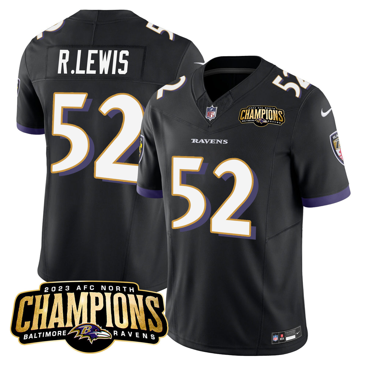 Men's Ravens 2023 AFC North Champions Patch Vapor Limited Jersey - All Stitched - Black - Ray Lewis — view 1