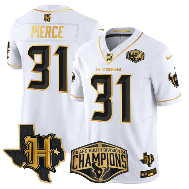 Men's Houston Texans 2024 AFC South Division Champions Patch Gold Vapor Limited Jersey - All Stitched - White Gold - Dameon Pierce — view 1