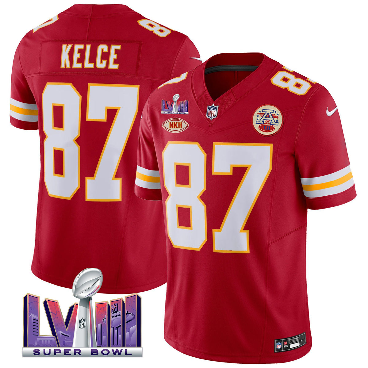 Men's Chiefs Super Bowl LVIII Patch Vapor Jersey V2 - All Stitched - Red - Travis Kelce — view 1