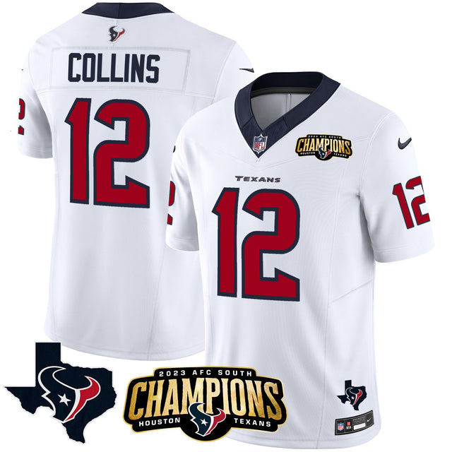 Men's Houston Texans 2023 AFC South Champions Patch Vapor Jersey - All Stitched - White - Nico Collins — view 1