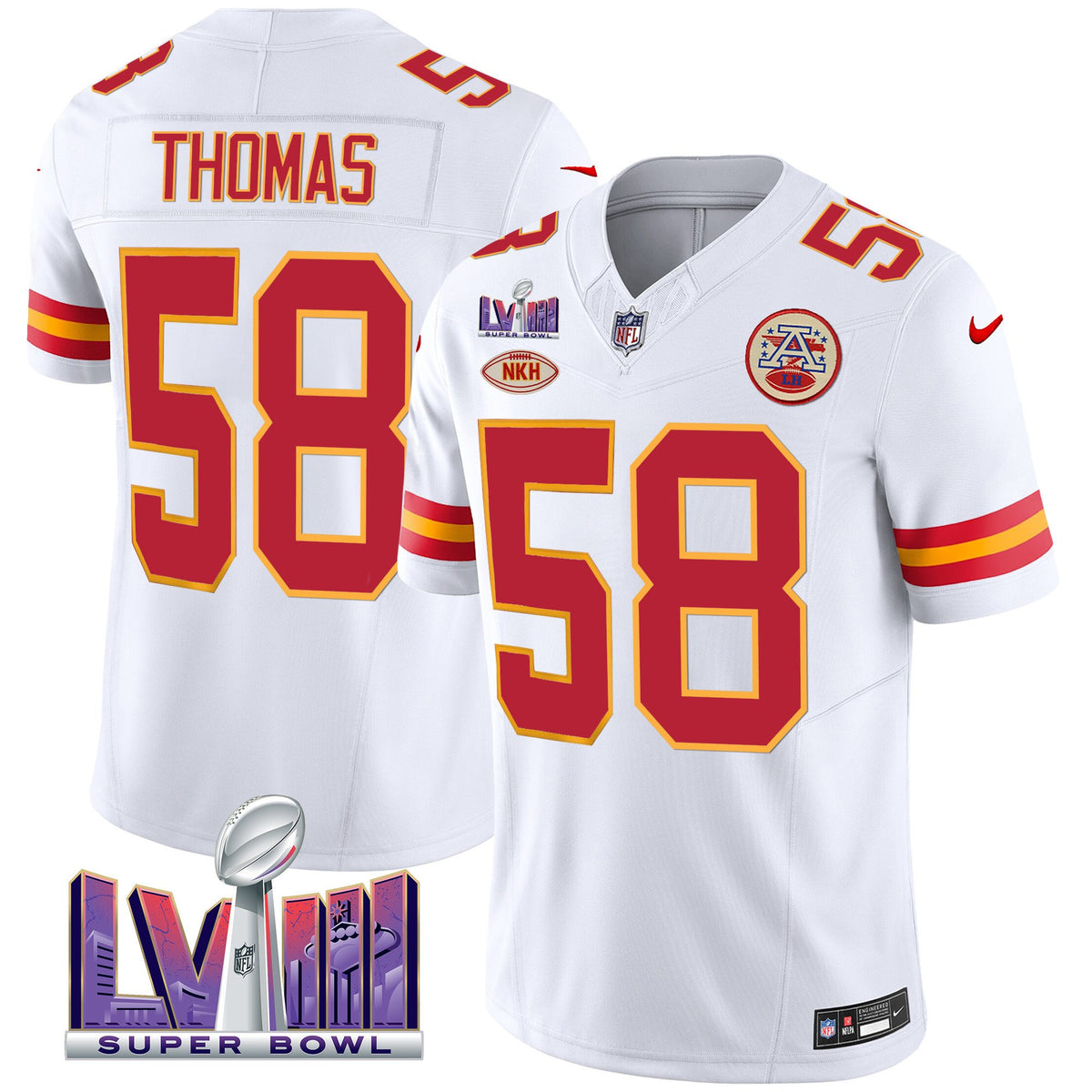 Men's Chiefs Super Bowl LVIII Patch Vapor Jersey V2 - All Stitched - White - Derrick Thomas — view 1