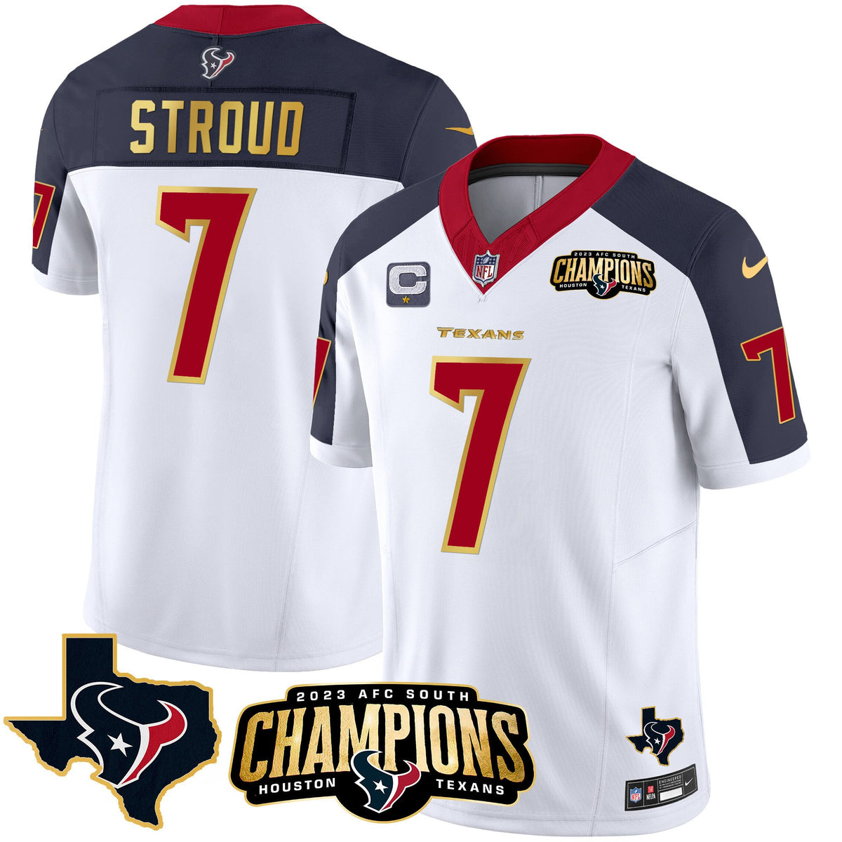 Men's Houston Texans 2023 AFC South Champions Patch Gold Trim Vapor Jersey - All Stitched - Inverted - C.J. Stroud — view 1