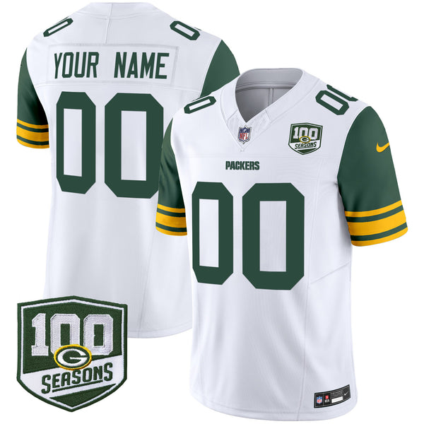 Green Bay Packers Throwback 100th Season Patch Vapor Limited Custom Jersey - All Stitched - White — view 1