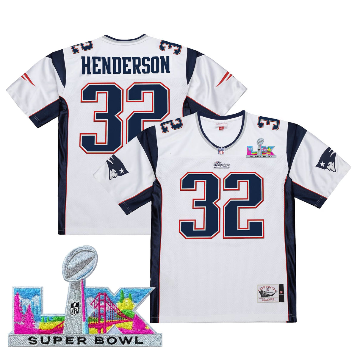 Men's New England Patriots Super Bowl LX Throwback Jersey - All Stitched - White - TreVeyon Henderson — view 1
