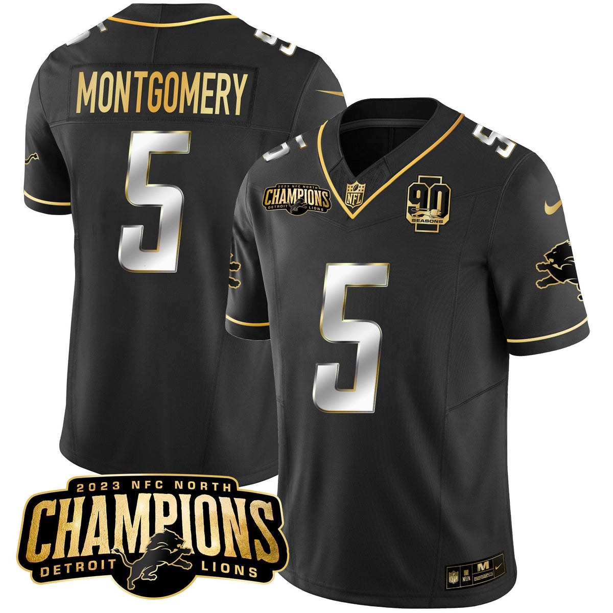 Men's Detroit Lions 2023 NFC North Champions Patch Gold Vapor Jersey V2 - All Stitched - Black Limited - David Montgomery — view 1
