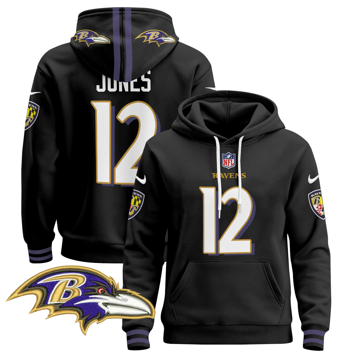 Men's Baltimore Ravens 2024 Pullover Hoodie V4 - All Stitched - Black - Jacoby Jones — view 1