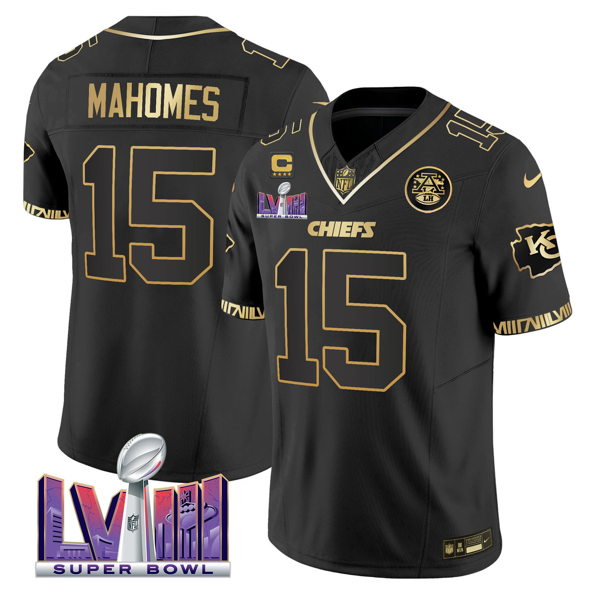 Men's Chiefs Super Bowl LVIII Pattern Vapor Jersey - All Stitched - Black Gold - Patrick Mahomes — view 1