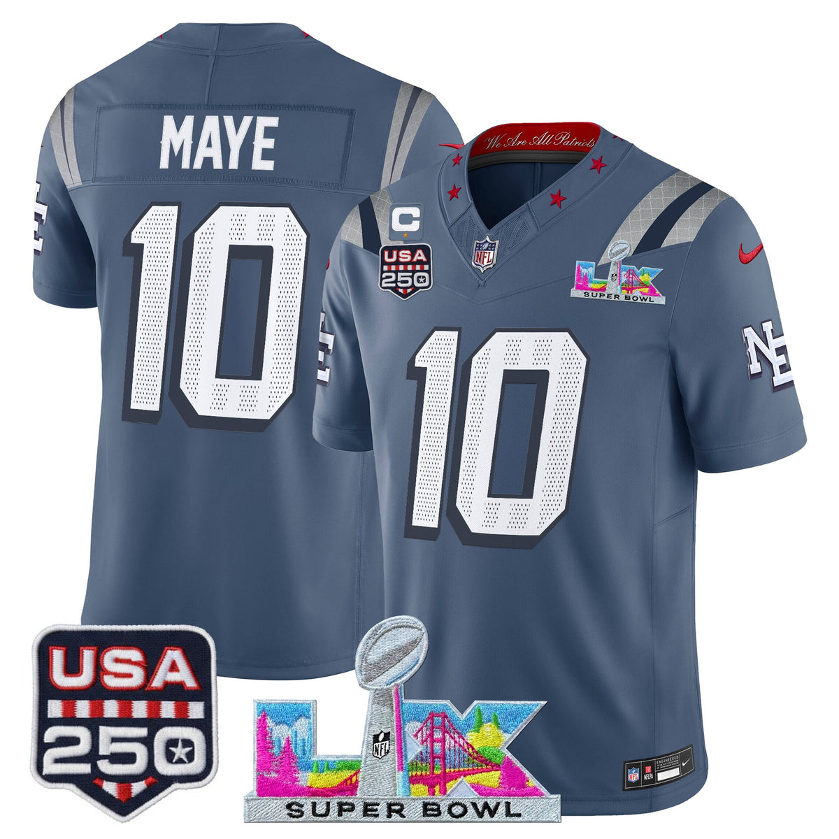 Men's New England Patriots Super Bowl LX & United States 250th Anniversary Patch Vapor Limited Jersey - All Stitched - Storm Blue - Drake Maye — view 1