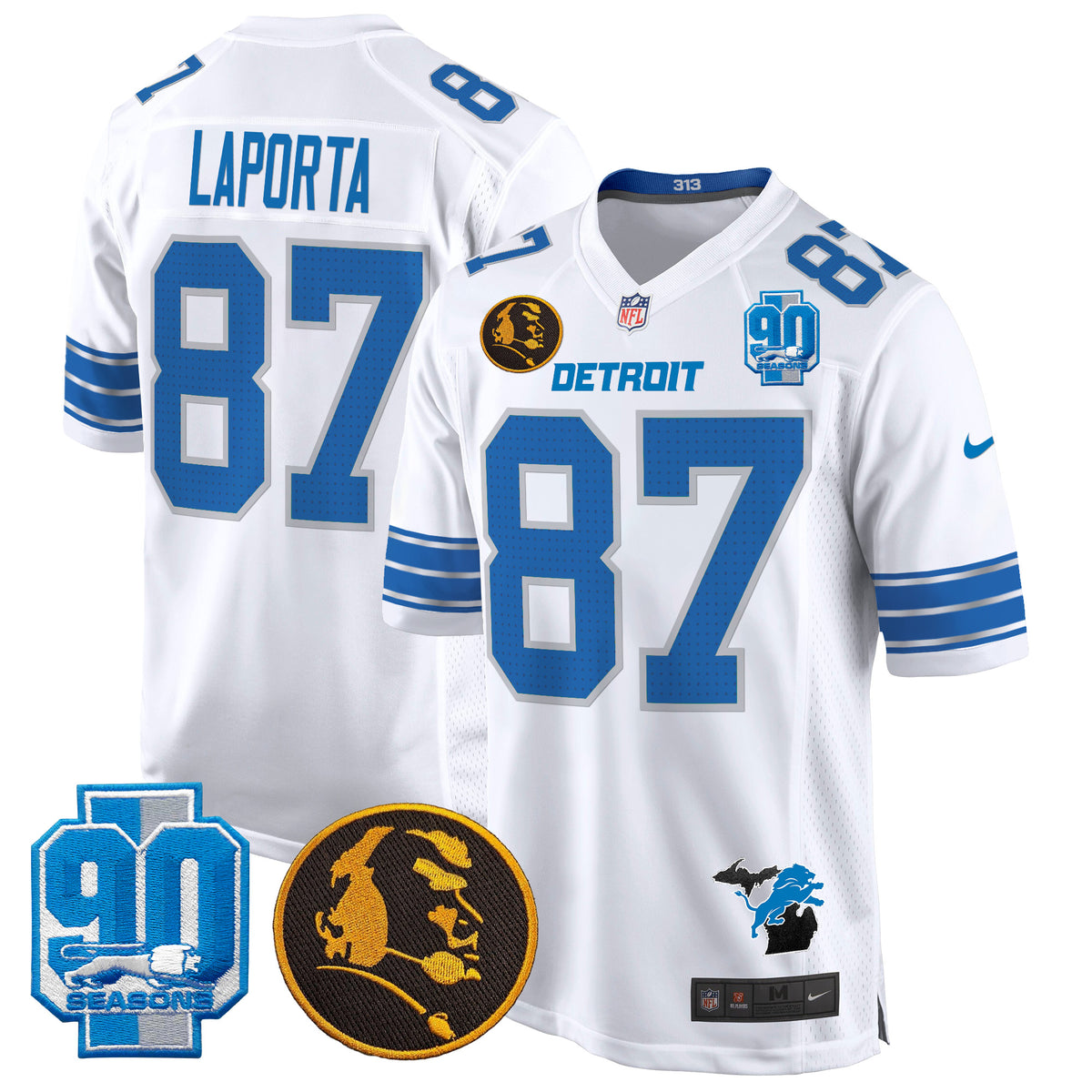 Men's Detroit Lions 2024 90th & John Madden Patch Game Jersey - All Stitched - White - Sam Laporta — view 1