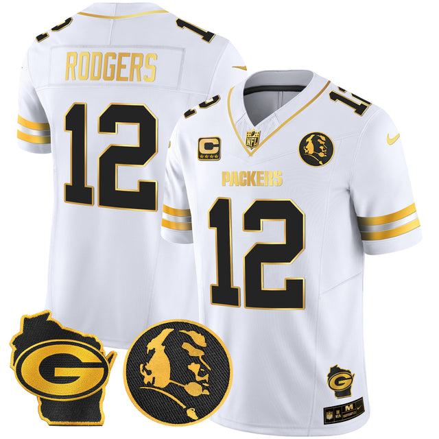 Men's Packers John Madden & Home Patch Gold Vapor Limited Jersey - All Stitched - White Gold - Aaron Rodgers — view 1