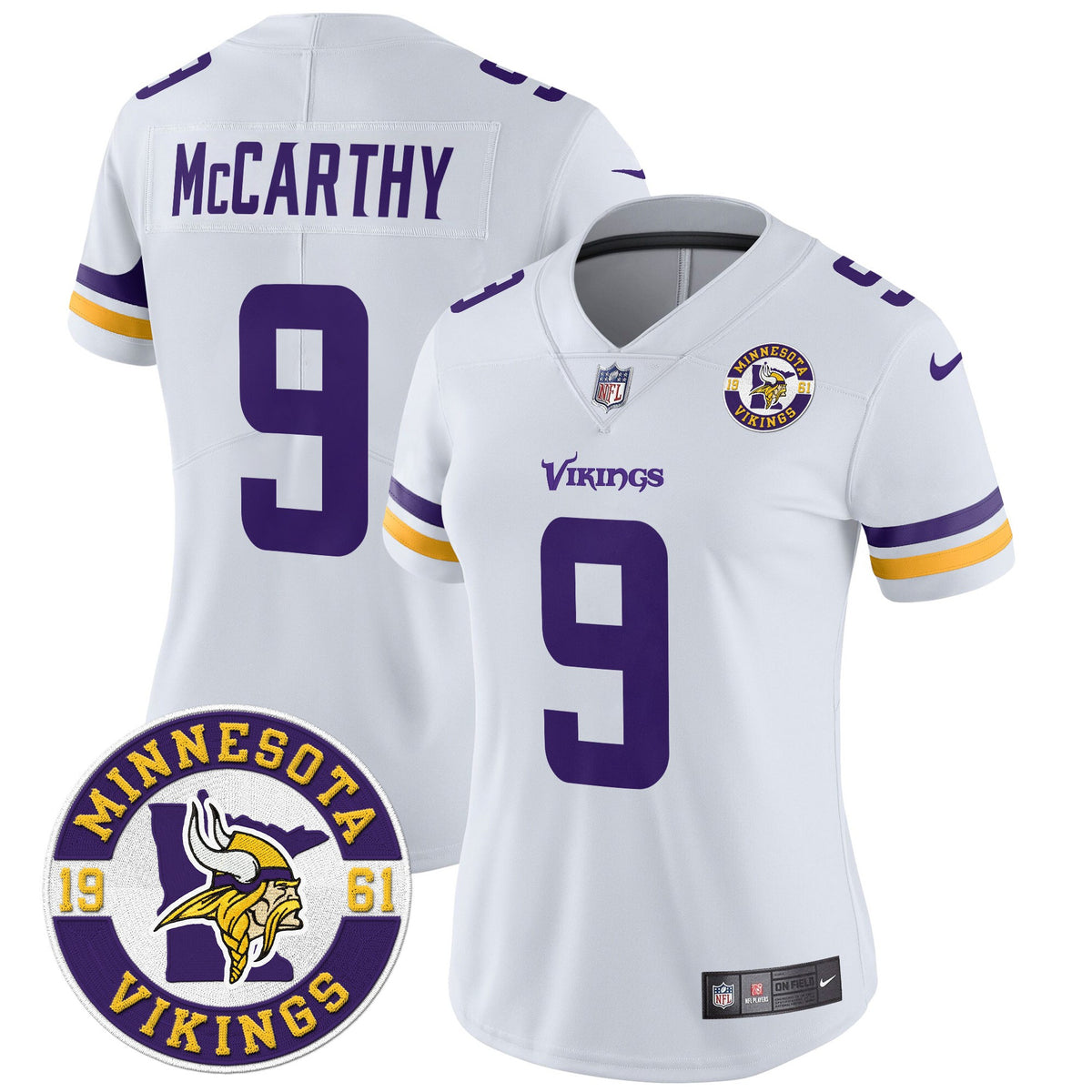 Women's Minnesota Vikings 2024 Vapor Limited Jersey V2 - Est. 1961 Patch - All Stitched - White - J.J. McCarthy — view 1
