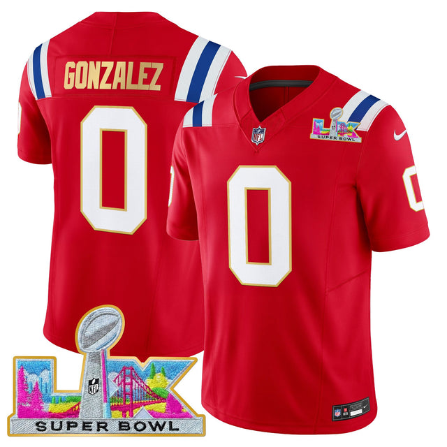 Men's New England Patriots Super Bowl LX Gold Trim Vapor Limited Jersey - All Stitched - Red - Christian Gonzalez — view 1
