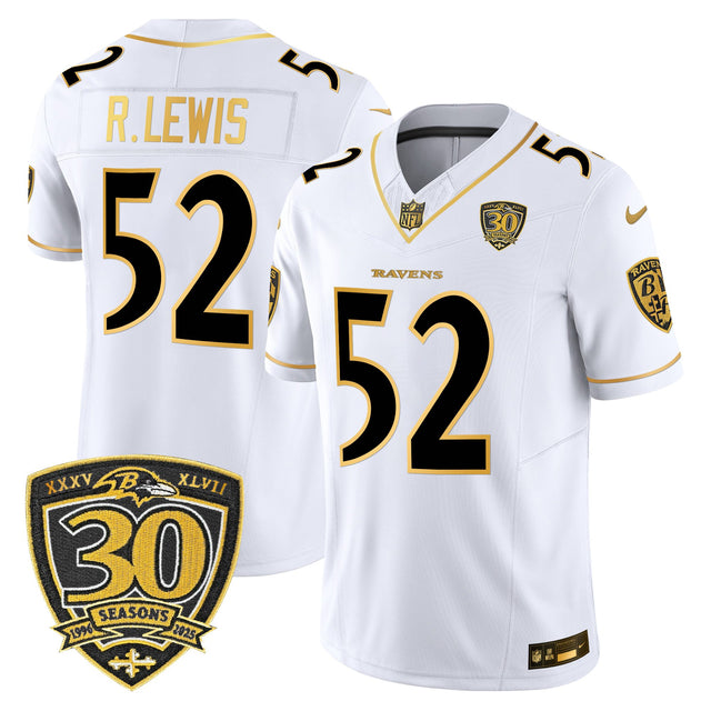 Men's Baltimore Ravens 2025 Gold Vapor Limited Jersey - 30th Anniversary Patch - All Stitched - White Gold - Ray Lewis — view 1