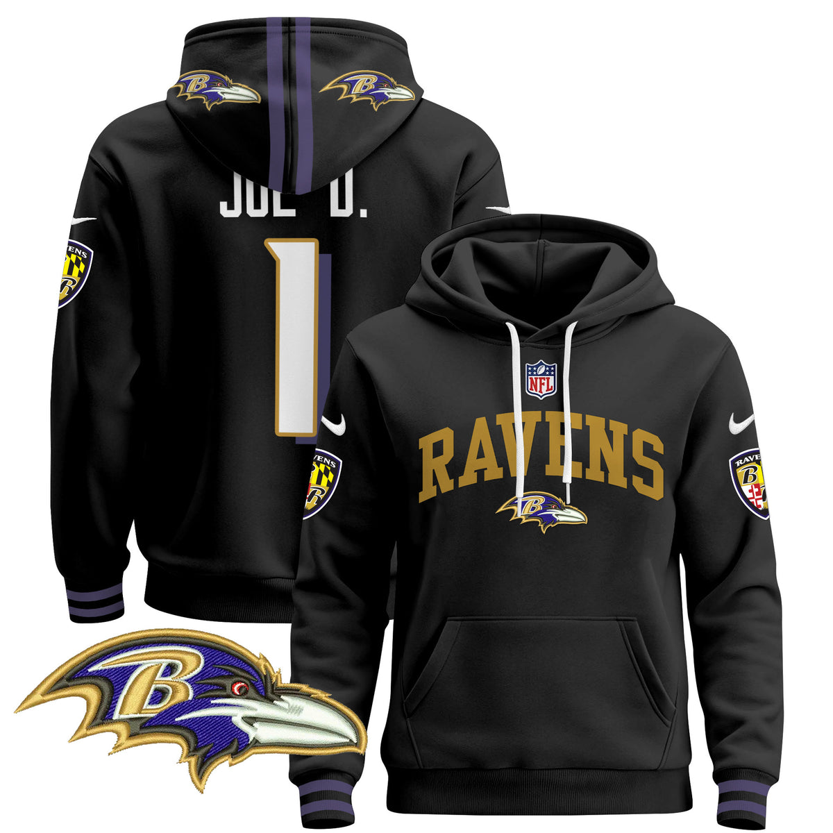 Men's Baltimore Ravens 2024 Pullover Hoodie V2 - All Stitched - Black - Joe D — view 1