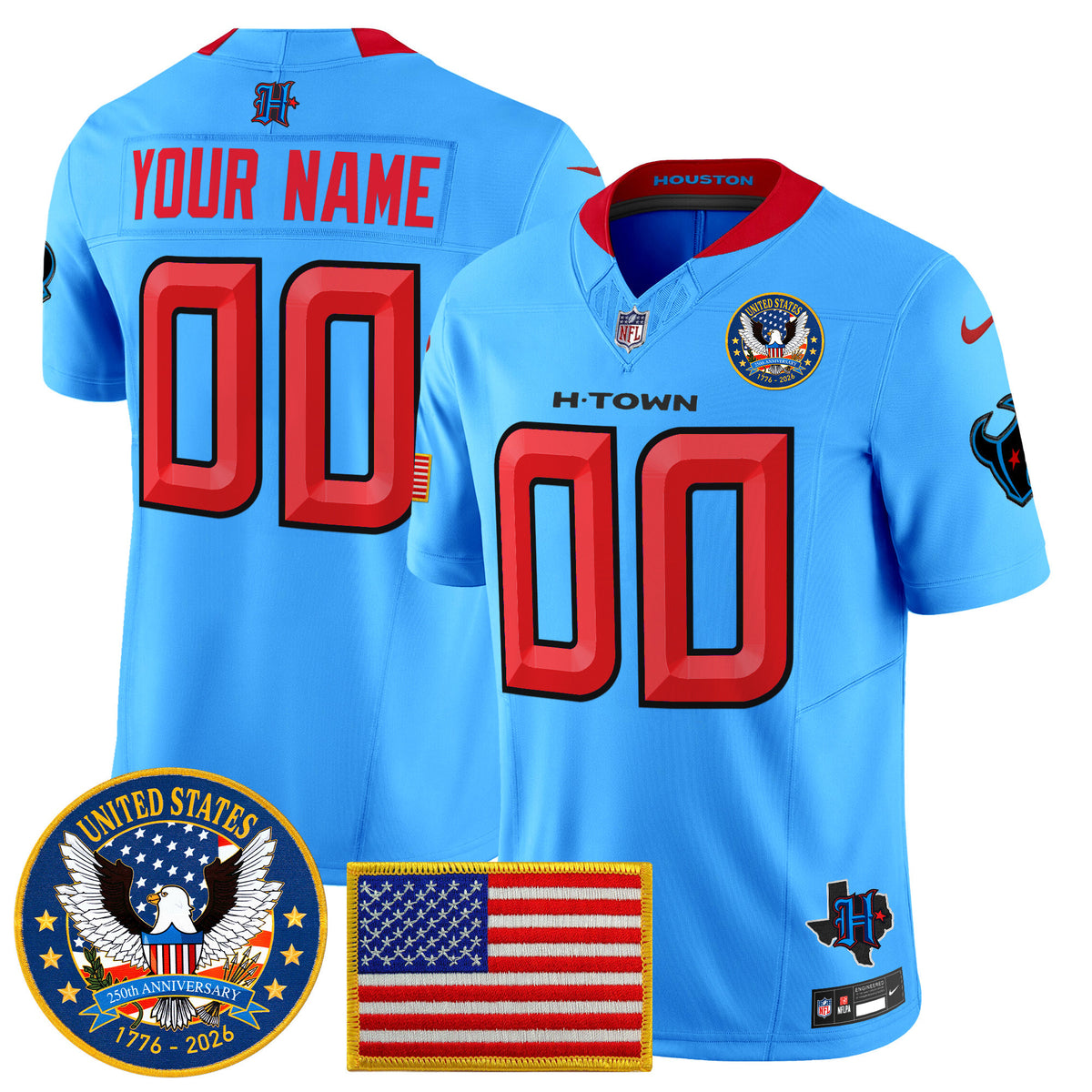 Houston Texans United States 250th Anniversary Patch Vapor Limited Custom Jersey - All Stitched - Blue — view 1