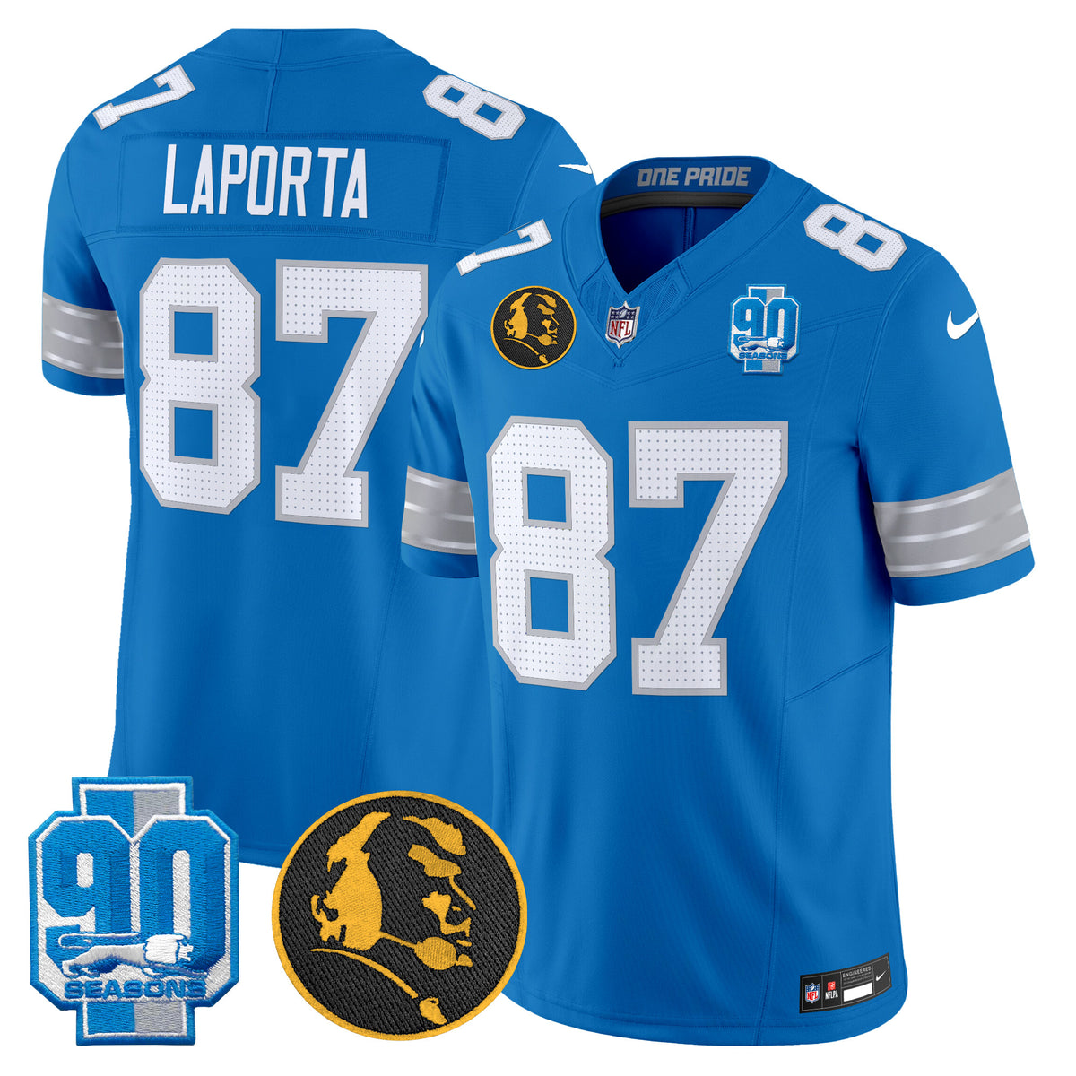 Men's Detroit Lions 2024 90th & John Madden Patch Vapor Limited Jersey - All Stitched - Blue - Sam Laporta — view 1