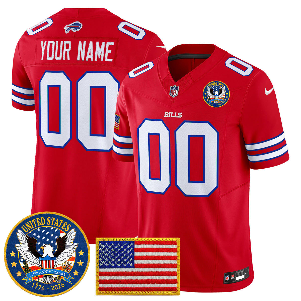 Buffalo Bills United States 250th Anniversary Patch Vapor Limited Custom Jersey - All Stitched - Red — view 1