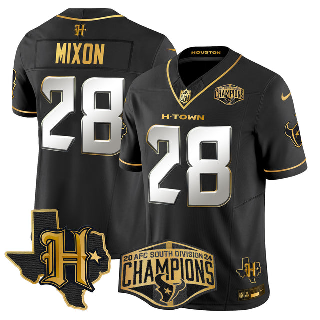 Men's Houston Texans 2024 AFC South Division Champions Patch Gold Vapor Limited Jersey - All Stitched - Black Limited - Joe Mixon — view 1