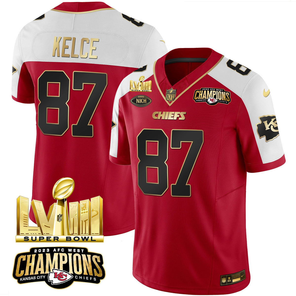 Men's Chiefs AFC West Champions & Super Bowl LVIII Gold Patch Vapor Jersey - All Stitched - Red Alternate - Travis Kelce — view 1
