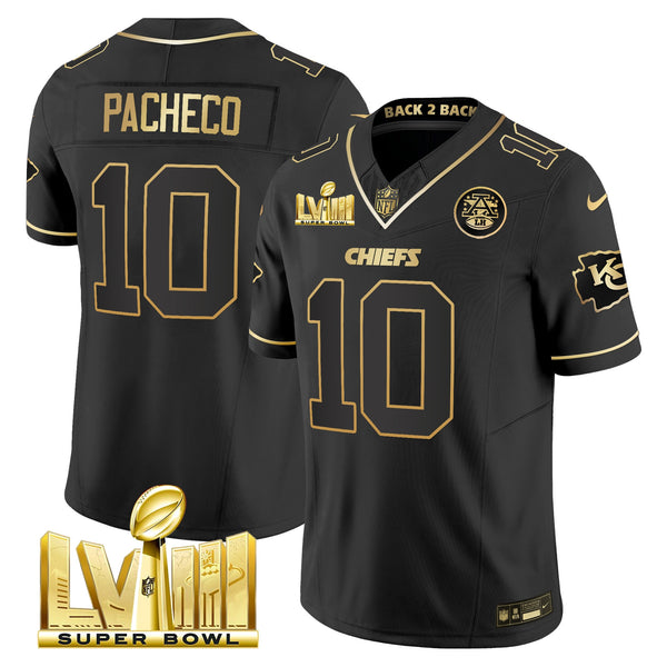 Men's Chiefs Super Bowl LVIII & Back 2 Back Gold Patch Vapor Jersey V5 - All Stitched - Black Gold - Isiah Pacheco — view 1